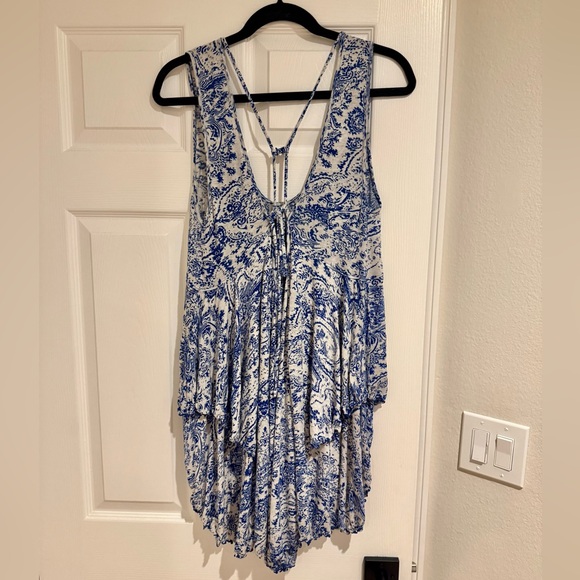 Free People Blue and Cream Patterned Flowy Layered Dress - Picture 2 of 6